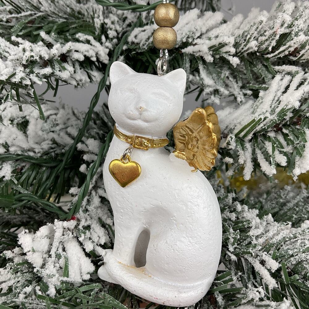 Christmas Ornament- White Angel Cat With Gold Wings- The Bridge Collection-
